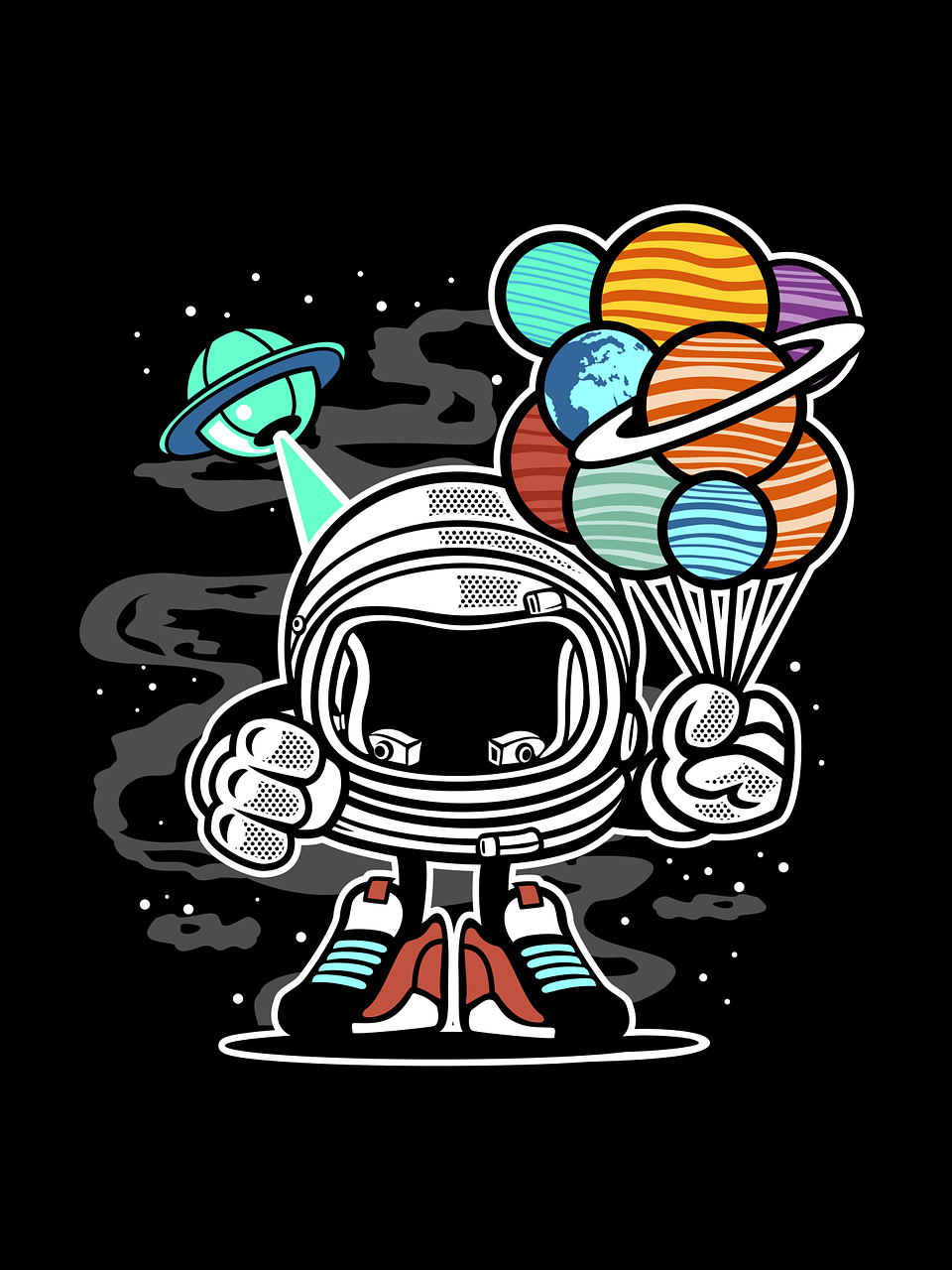 robot in space, cartoon, planets
